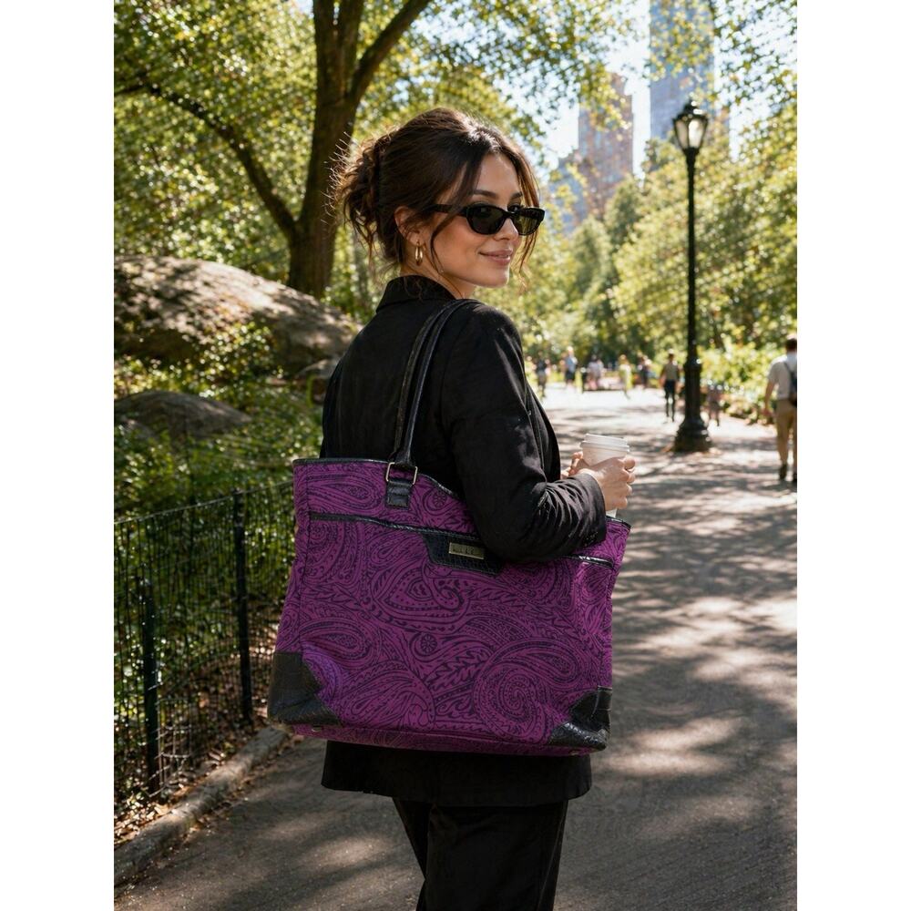 Nicole Miller Laptop Tote Bag Purple Paisley Brown Croc Faux Leather Trim Zipper